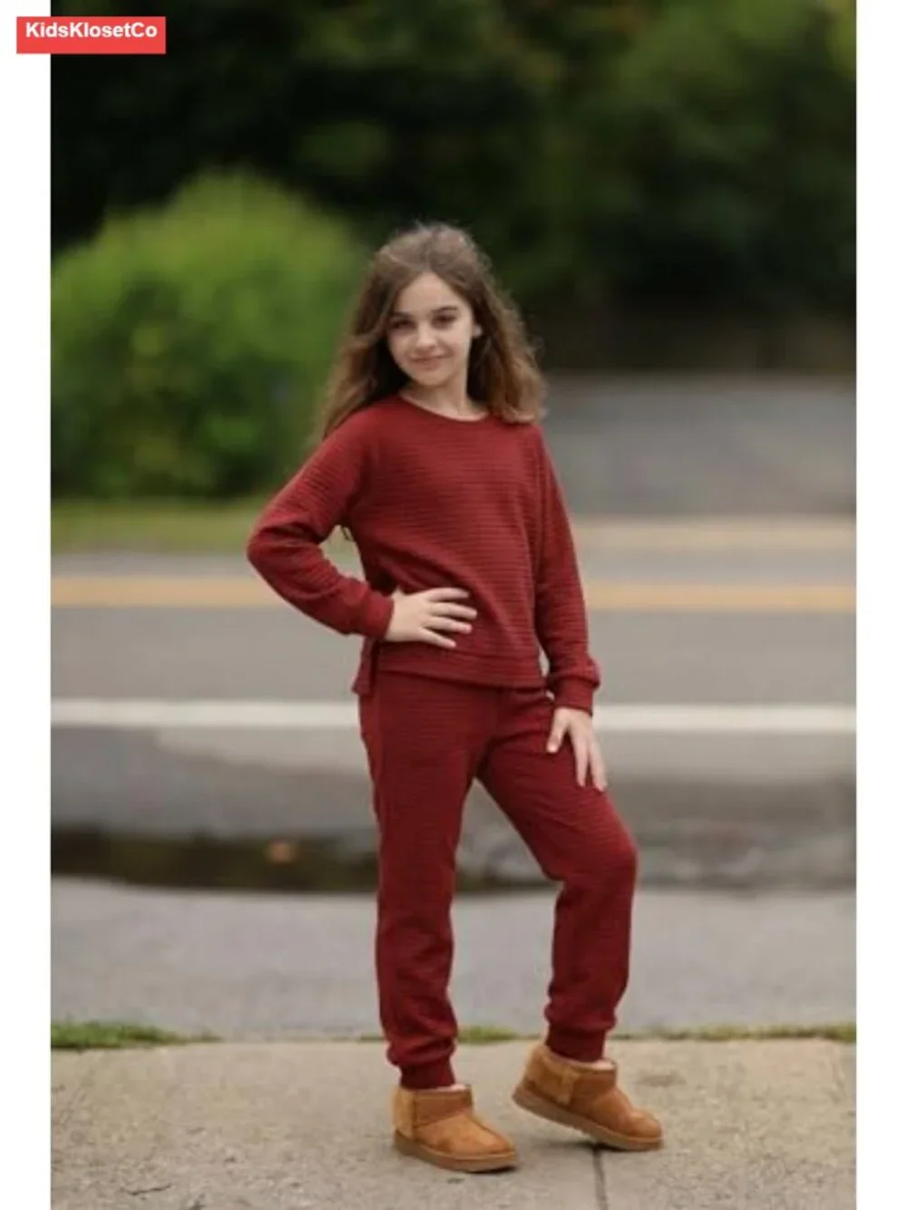 Girls Waffle Knit 2 Piece Tracksuit Jogger Set Long Sleeve Athletic Activewear